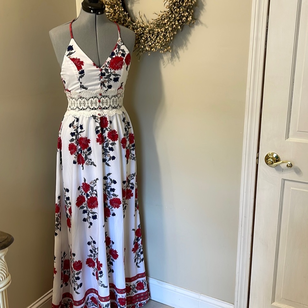 Sundress Full length floral dress cutout lace waist t strap halter back boho